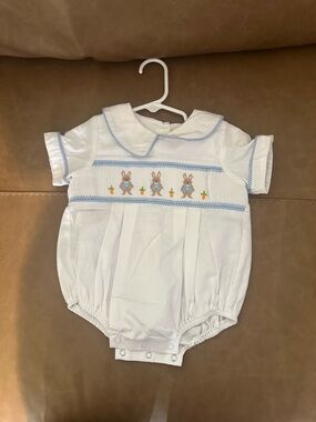 Classic White Baby One-Piece with Blue Trim and Bunny Smocking